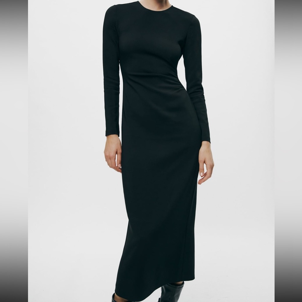 New ZARA side ruched dress ZW Collection. Black, long sleeves. Size M